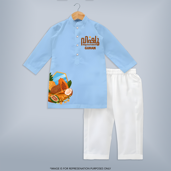 Vishu Wishes Kids KURTA – Malayalam Typography Festive Wear - BABY BLUE - 3 - 6 Months Old (Chest 24", Kurta Length 14'', Waist 19", Pant Length 14")