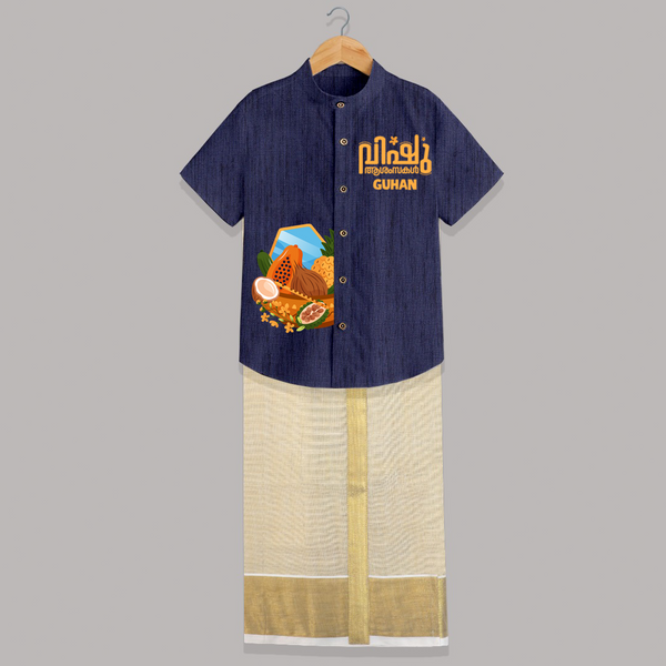 Vishu Wishes Kids SHIRT AND DHOTI – Malayalam Typography Festive Wear - DARK BLUE - 0 - 6 Months Old (Chest-23") (Dhoti length-14")