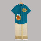 Vishu Wishes Kids SHIRT AND DHOTI – Malayalam Typography Festive Wear - PEACOCK BLUE - 0 - 6 Months Old (Chest-23") (Dhoti length-14")
