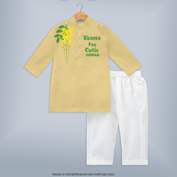 Konna Poo Cutie Kids KURTA – Kerala Vishu Flower Theme Outfit - PASTEL YELLOW - 3 - 6 Months Old (Chest 24", Kurta Length 14'', Waist 19", Pant Length 14")