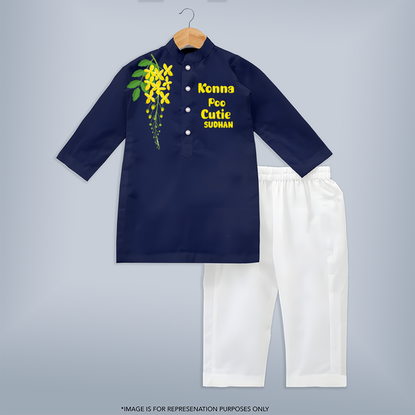 Konna Poo Cutie Kids KURTA – Kerala Vishu Flower Theme Outfit - NAVY BLUE - 3 - 6 Months Old (Chest 24", Kurta Length 14'', Waist 19", Pant Length 14")
