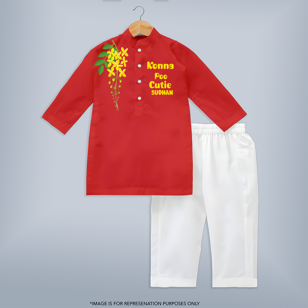Konna Poo Cutie Kids KURTA – Kerala Vishu Flower Theme Outfit - RED - 3 - 6 Months Old (Chest 24", Kurta Length 14'', Waist 19", Pant Length 14")