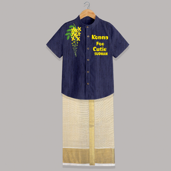 Konna Poo Cutie Kids SHIRT AND DHOTI – Kerala Vishu Flower Theme Outfit - DARK BLUE - 0 - 6 Months Old (Chest-23") (Dhoti length-14")