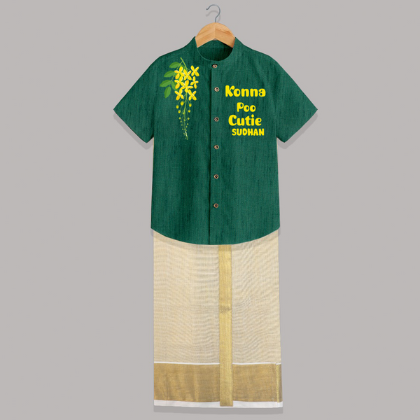 Konna Poo Cutie Kids SHIRT AND DHOTI – Kerala Vishu Flower Theme Outfit - DARK GREEN - 0 - 6 Months Old (Chest-23") (Dhoti length-14")