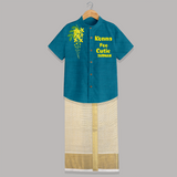Konna Poo Cutie Kids SHIRT AND DHOTI – Kerala Vishu Flower Theme Outfit - PEACOCK BLUE - 0 - 6 Months Old (Chest-23") (Dhoti length-14")