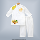 Traditional Vishu Kani Kids KURTA – Kerala Festive Ethnic Theme - WHITE - 3 - 6 Months Old (Chest 24", Kurta Length 14'', Waist 19", Pant Length 14")