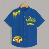 Traditional Vishu Kani Kids Shirt – Kerala Festive Ethnic Theme - COBALT BLUE - 0 - 6 Months Old (Chest 23")