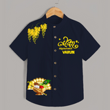 Traditional Vishu Kani Kids Shirt – Kerala Festive Ethnic Theme - NAVY BLUE - 0 - 6 Months Old (Chest 23")