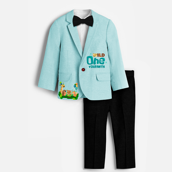 First Year Jungle Themed Customized Knitted Blazer With Name For Kids - ARCTIC BLUE - 1 Year Old (Blazer - Chest 23"/Pant Length 17"/Pant Waist 21")