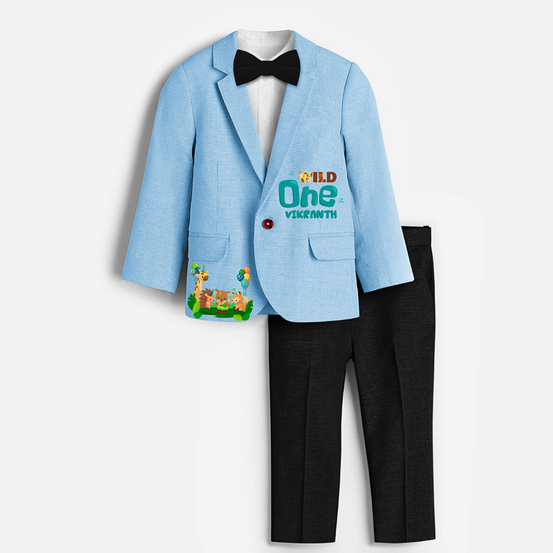 First Year Jungle Themed Customized Knitted Blazer With Name For Kids - SKY BLUE - 1 Year Old (Blazer - Chest 23"/Pant Length 17"/Pant Waist 21")