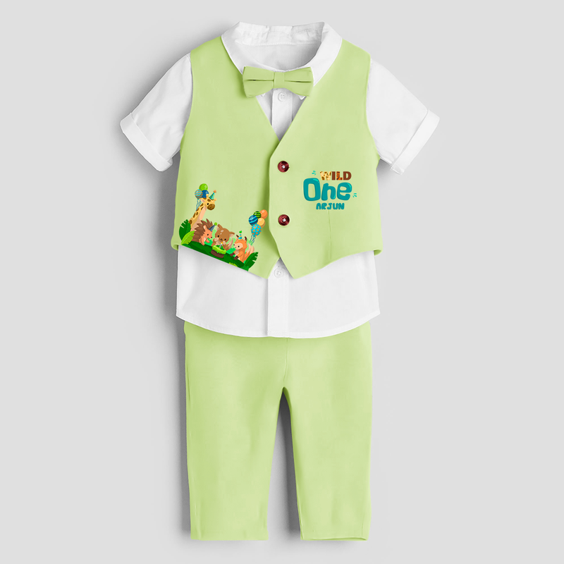 First Year Jungle Themed Customized Waist Coat With Name For Kids - PASTEL GREEN - 1 Year Old (Waist Coat - Chest 22"/Pant Length 17"/Pant Waist 21")