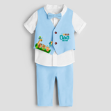 First Year Jungle Themed Customized Waist Coat With Name For Kids - SKY BLUE - 1 Year Old (Waist Coat - Chest 22"/Pant Length 17"/Pant Waist 21")