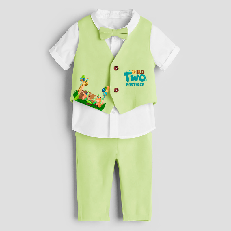 Second Year Jungle Themed Customized Waist Coat With Name For Kids - PASTEL GREEN - 1 Year Old (Waist Coat - Chest 22"/Pant Length 17"/Pant Waist 21")