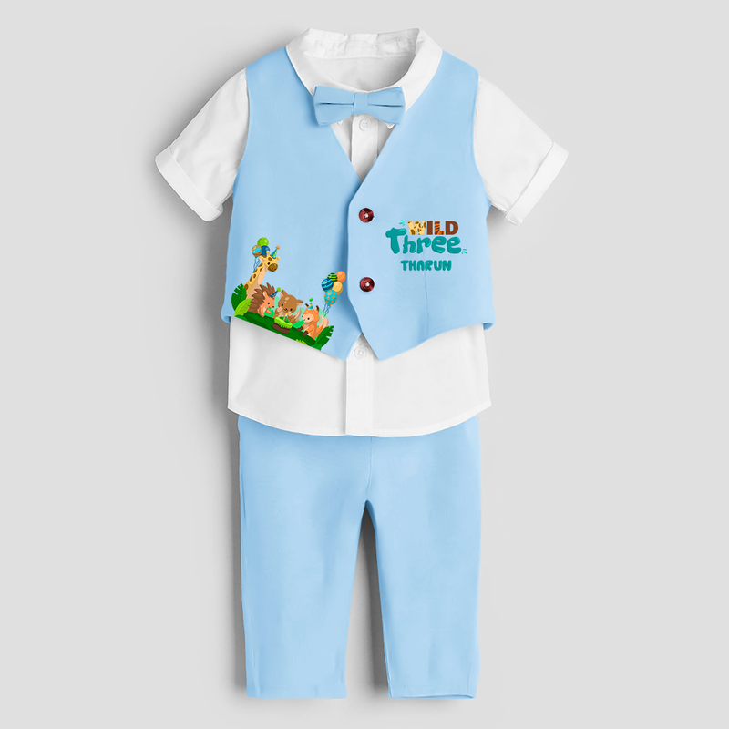 Third Year Jungle Themed Customized Waist Coat With Name For Kids - SKY BLUE - 1 Year Old (Waist Coat - Chest 22"/Pant Length 17"/Pant Waist 21")