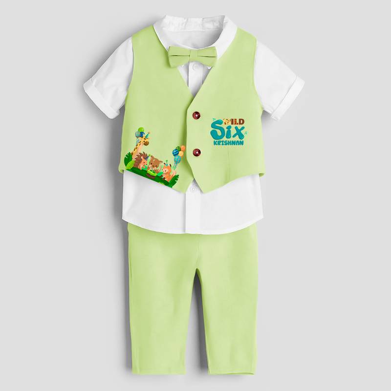 Sixth Year Jungle Themed Customized Waist Coat With Name For Kids - PASTEL GREEN - 1 Year Old (Waist Coat - Chest 22"/Pant Length 17"/Pant Waist 21")