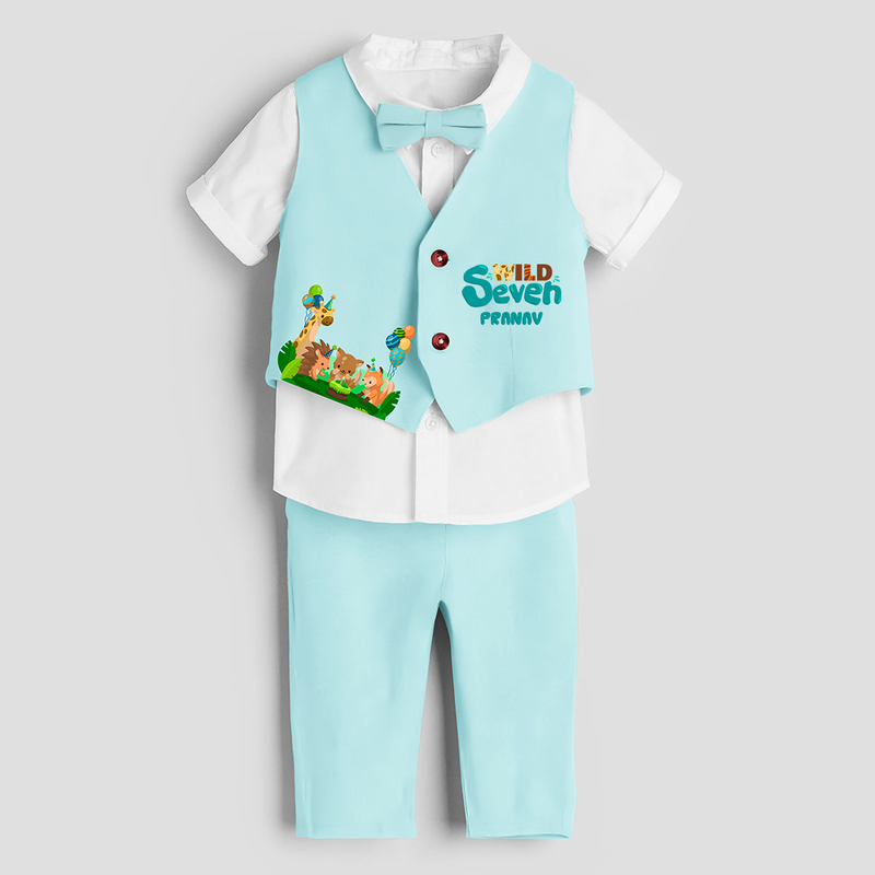 Seventh Year Jungle Themed Customized Waist Coat With Name For Kids - ARCTIC BLUE - 1 Year Old (Waist Coat - Chest 22"/Pant Length 17"/Pant Waist 21")