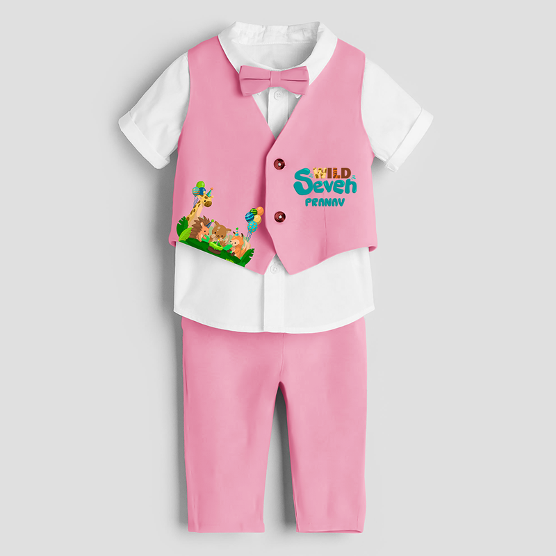 Seventh Year Jungle Themed Customized Waist Coat With Name For Kids - PINK - 1 Year Old (Waist Coat - Chest 22"/Pant Length 17"/Pant Waist 21")