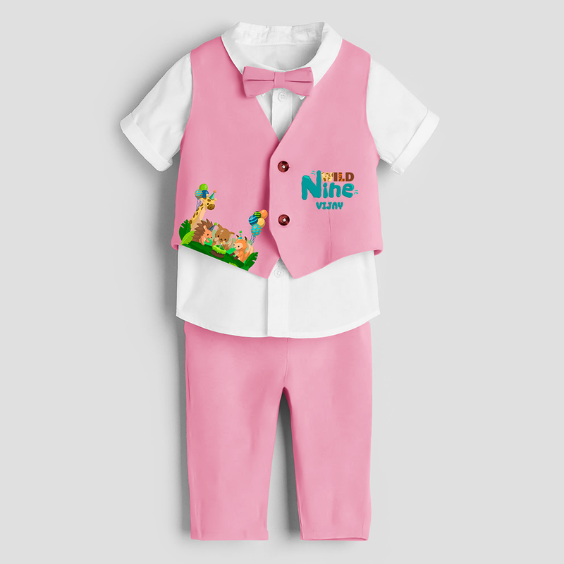 Ninth Year Jungle Themed Customized Waist Coat With Name For Kids - PINK - 1 Year Old (Waist Coat - Chest 22"/Pant Length 17"/Pant Waist 21")