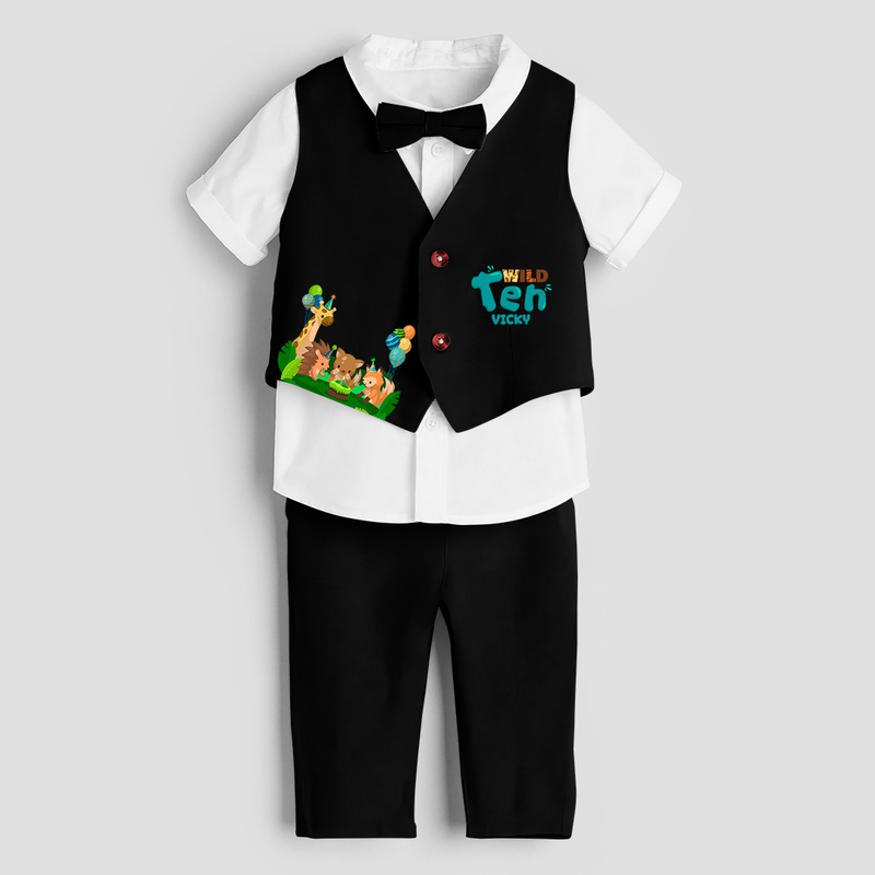 Tenth Year Jungle Themed Customized Waist Coat With Name For Kids - BLACK - 1 Year Old (Waist Coat - Chest 22"/Pant Length 17"/Pant Waist 21")