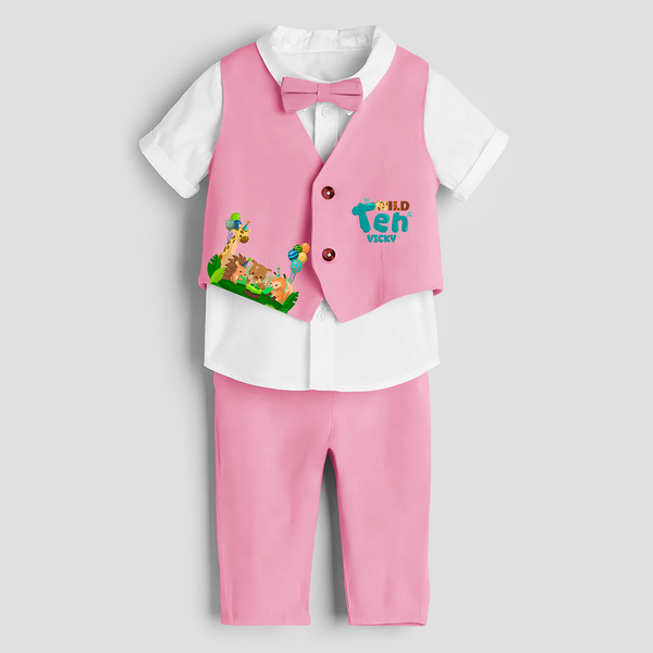 Tenth Year Jungle Themed Customized Waist Coat With Name For Kids - PINK - 1 Year Old (Waist Coat - Chest 22"/Pant Length 17"/Pant Waist 21")