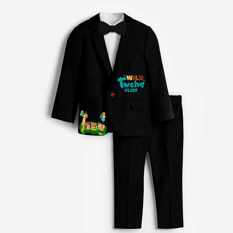 Twelfth Year Jungle Themed Customized Knitted Blazer With Name For Kids - BLACK - 1 Year Old (Blazer - Chest 23"/Pant Length 17"/Pant Waist 21")