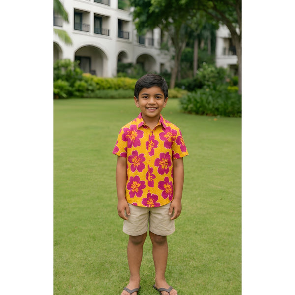 Tropical Bloom Yellow & Magenta Floral  Boy Kid Shirt