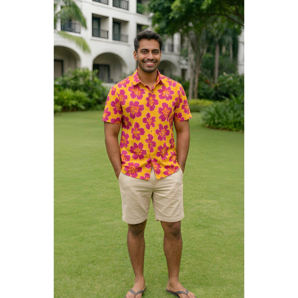 Tropical Bloom Yellow & Magenta Floral Dad Shirt
