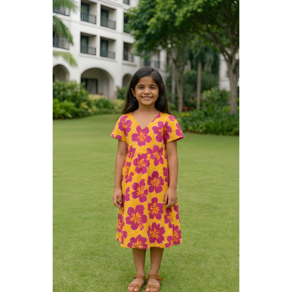 Tropical Bloom Yellow & Magenta Floral Girl Kid Dress