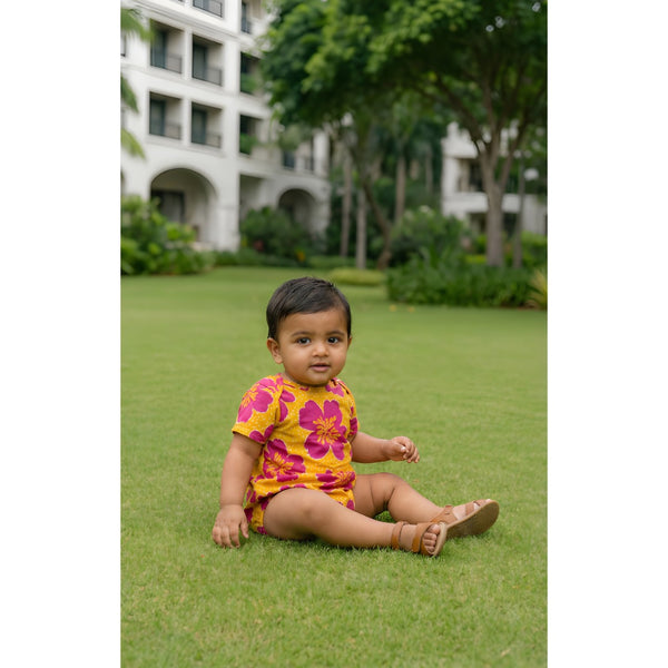 Tropical Bloom Yellow & Magenta Floral  Baby Romper