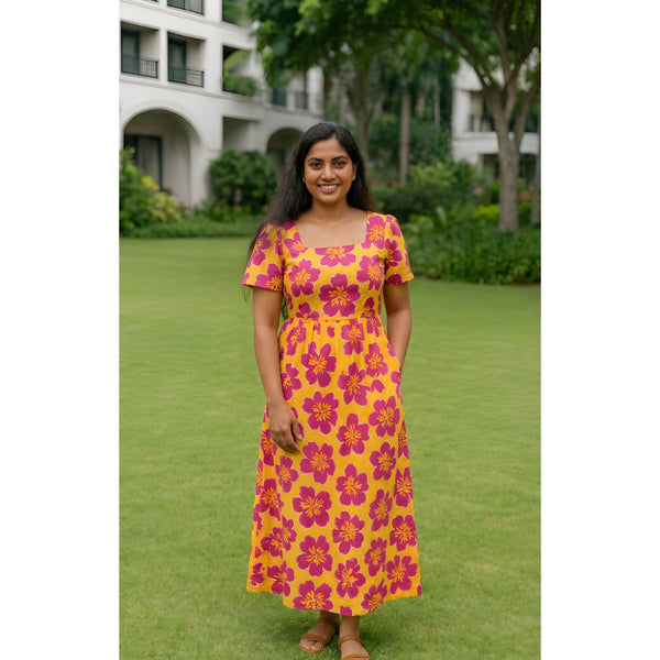 Tropical Bloom Yellow & Magenta Floral Mom Dress