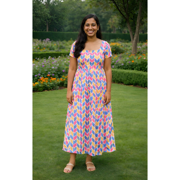 Vibrant Multicolour Geometric  Mom Dress