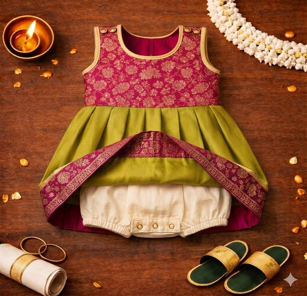 Traditional Magenta Brocade & Mustard Silk Baby Frock – Festive Ethnic Outfit