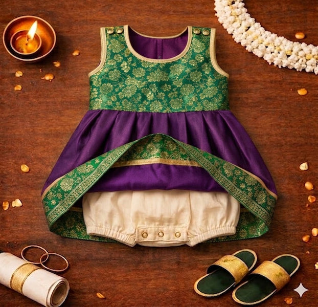 Royal Purple & Emerald Green Baby Ethnic Frock – Traditional Festive Outfit for Girls