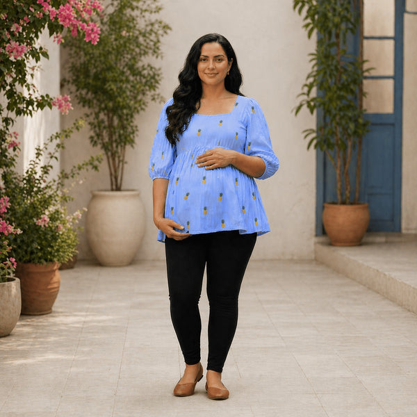 Sky Blue Pineapple Print Maternity Dress – Soft Cotton Everyday Comfort Wear