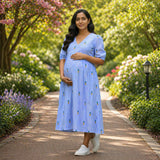 Sky Blue Pineapple Print Maternity Dress – Soft Cotton Everyday Comfort Wear