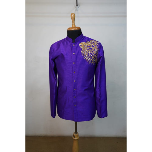 Men's Royal Embroidered Band Collar Shirt