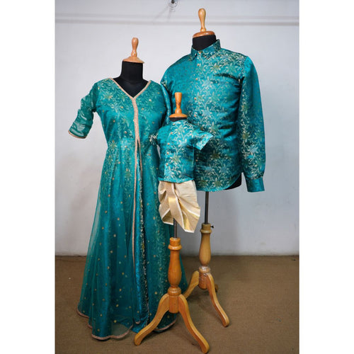 Brocade Green Family Combo- Dad, Mom, Kid (Shirt and Dhoti)