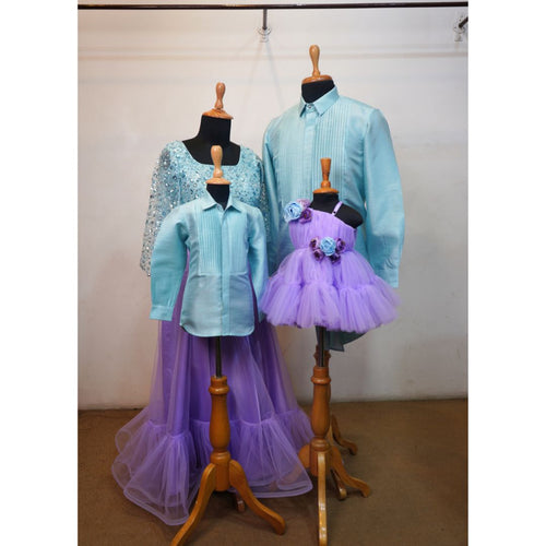Lavender & Blue Colour Family Combo Outfits- Dad, Mom, Boy Kid, Girl Kid