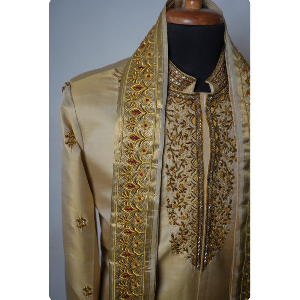 Royal Gold Embroidered Sherwani Set- Muhurtham Shirt