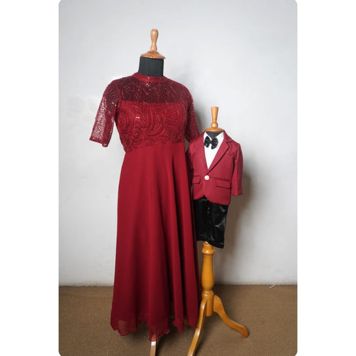 Wine Red Mother & Son Matching  Outfit Set