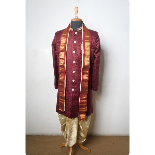 Royal Maroon Embroidered Sherwani Set - Muhurtham Shirt