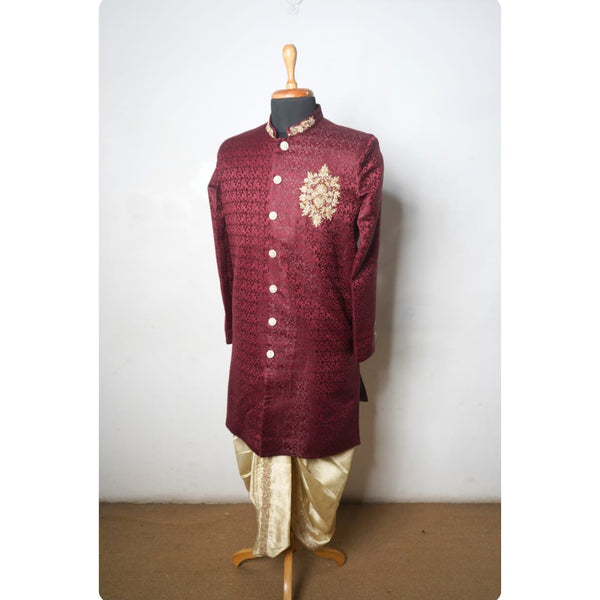 Royal Maroon Embroidered Sherwani Set - Muhurtham Shirt