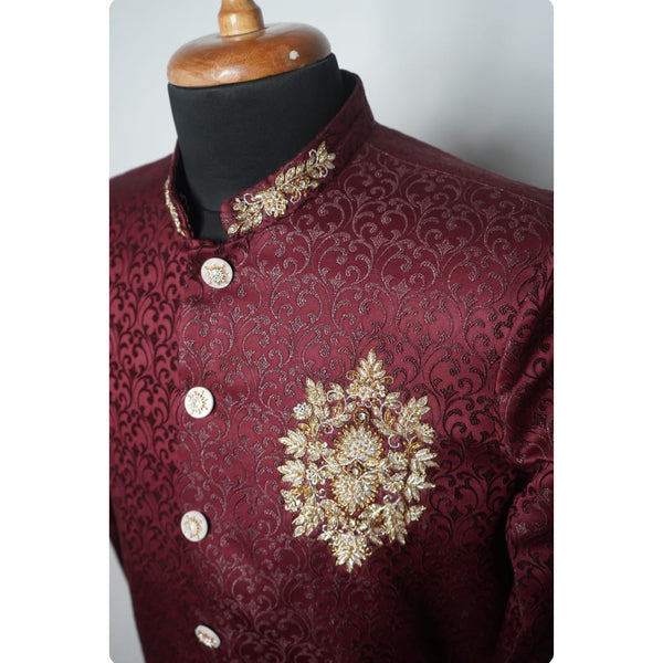 Royal Maroon Embroidered Sherwani Set - Muhurtham Shirt