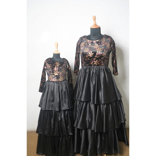 Elegant Black Tiered Party Wear Gown Collection _ Mom and Daughter Combo