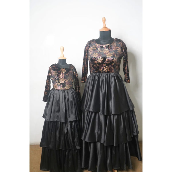 Elegant Black Tiered Party Wear Gown Collection _ Mom and Daughter Combo
