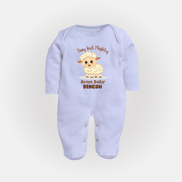 Tiny But Mighty Aries Baby Sleepsuit / Full Sleeve Bodysuit | Personalized Aries Sleepsuit / Full Sleeve Bodysuit for Your Little One - BABY BLUE - New Born (Chest 7.5")
