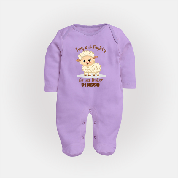 Tiny But Mighty Aries Baby Sleepsuit / Full Sleeve Bodysuit | Personalized Aries Sleepsuit / Full Sleeve Bodysuit for Your Little One - LILAC - New Born (Chest 7.5")