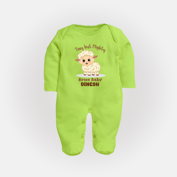 Tiny But Mighty Aries Baby Sleepsuit / Full Sleeve Bodysuit | Personalized Aries Sleepsuit / Full Sleeve Bodysuit for Your Little One - LIME GREEN - New Born (Chest 7.5")