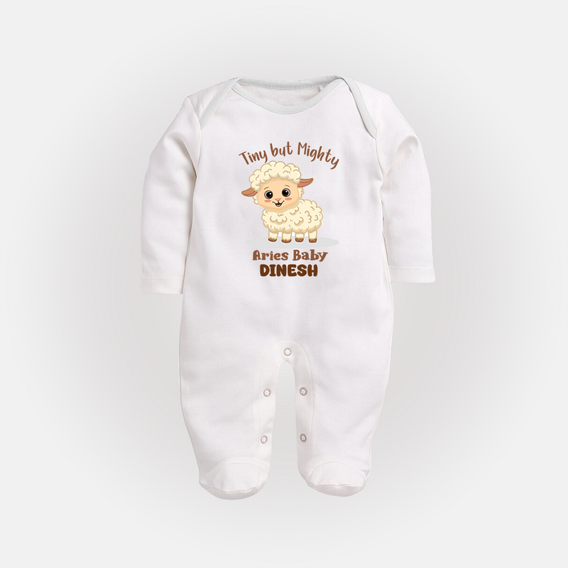 Tiny But Mighty Aries Baby Sleepsuit / Full Sleeve Bodysuit | Personalized Aries Sleepsuit / Full Sleeve Bodysuit for Your Little One - WHITE - New Born (Chest 7.5")