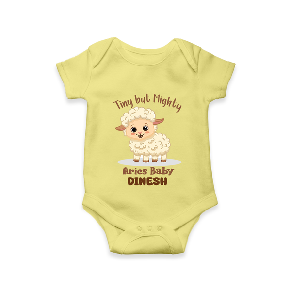 Tiny But Mighty Aries Baby Romper / Onesie | Personalized Aries Romper / Onesie for Your Little One - PASTEL YELLOW - New Born (Chest 14")
